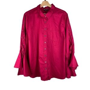 NWT Dianne Gilman DG2 Size 1X Pink Button Up Bell Sleeve Blouse